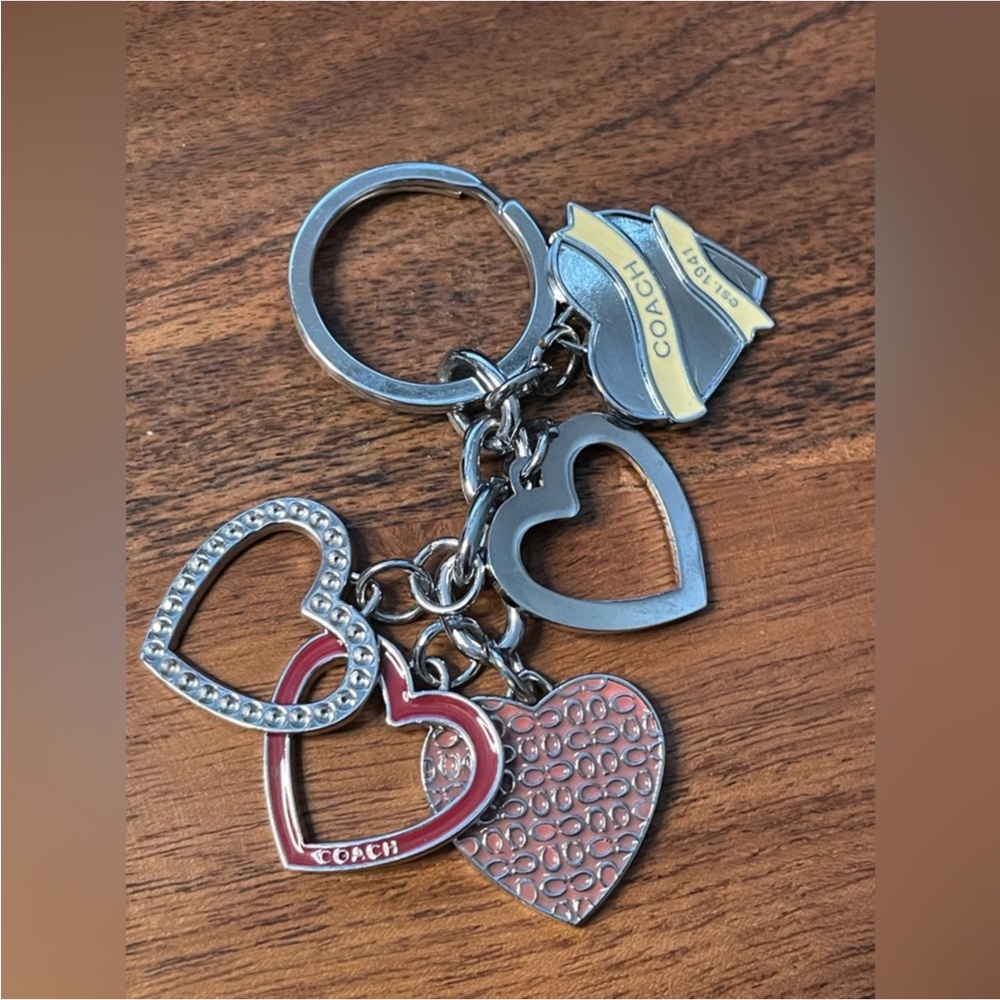 COACH 💥 Silver Keychain with Pink and Yellow Heart Charms